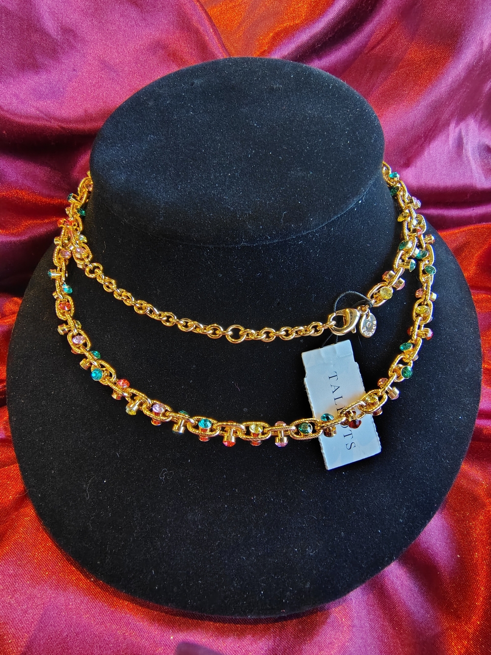 Talbots NWT Gold Tone Multicolor Rhinestone Open Link Long Necklace 34"